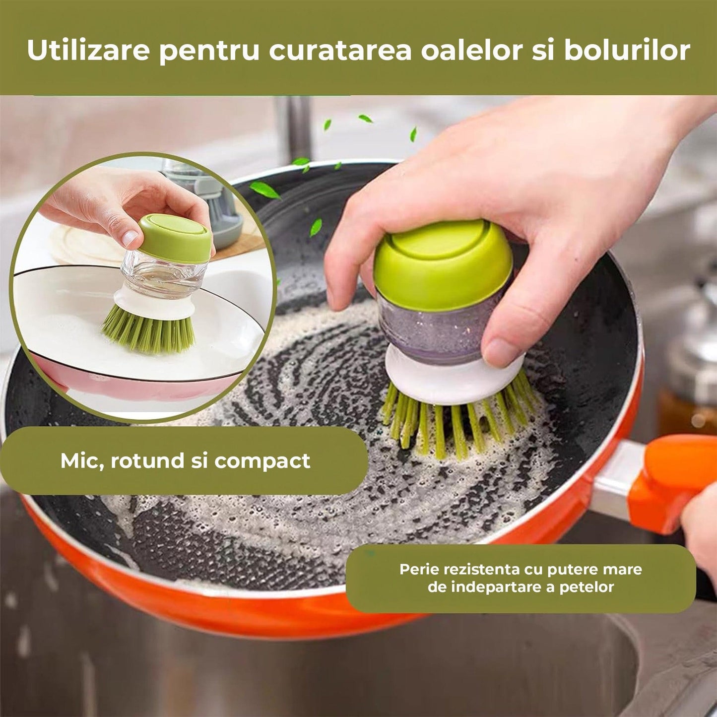 Dispenser Detergent cu Perie si Suport de Scurgere, Dozare Automata, Gri