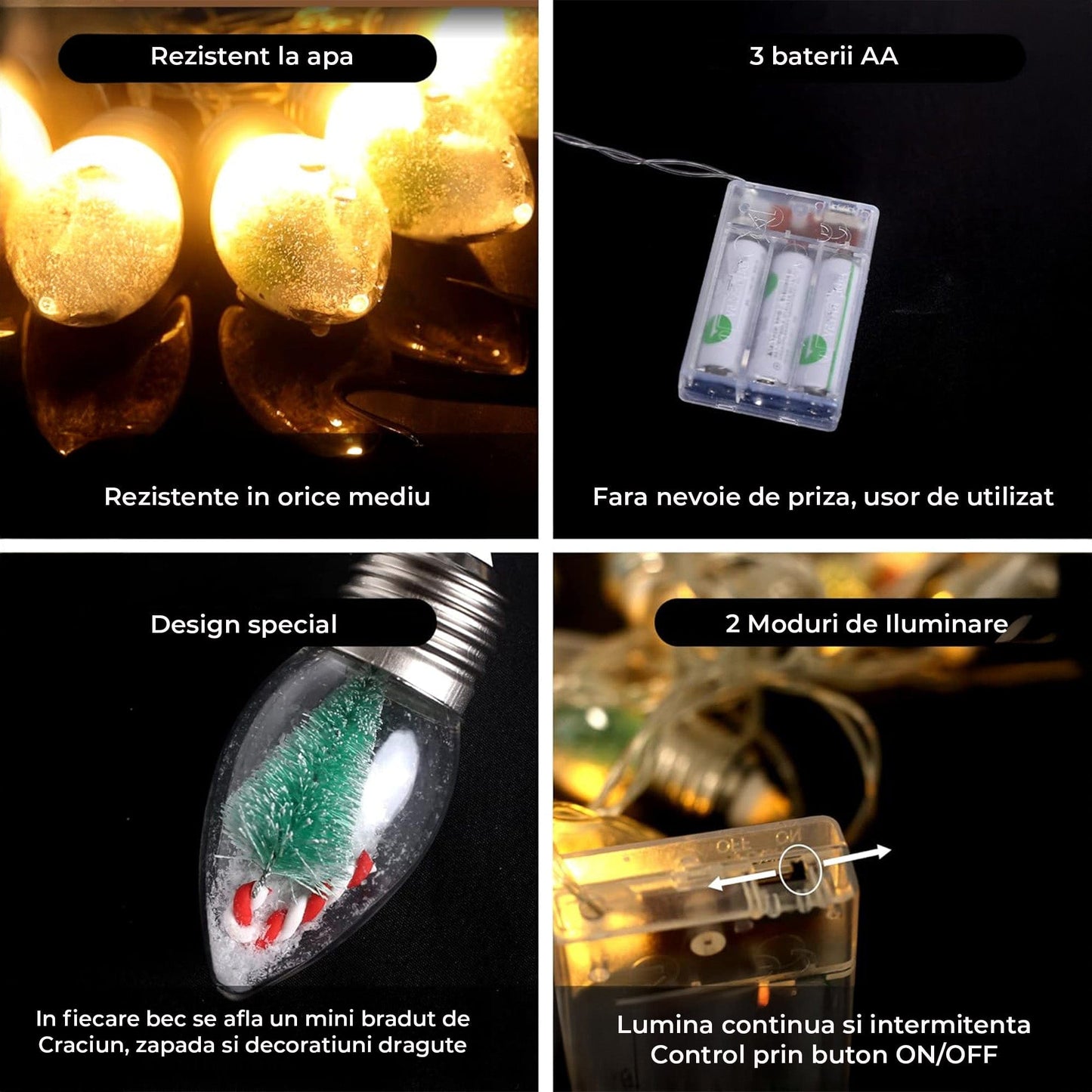 Instalatie Craciun, 10 becuri LED Snow Globe, Decor cu braduti si zapada