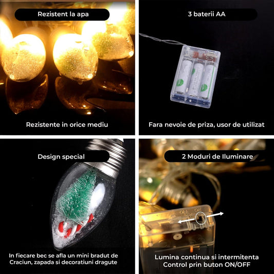 Instalatie Craciun, 10 becuri LED Snow Globe, Decor cu braduti si zapada