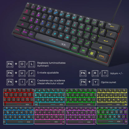 Tastatura Gaming 60% RGB TS91 Timebox, Compacta PC Laptop, Waterproof, Negru