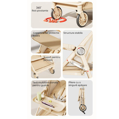 Carucior bebe pliabil, 4 roti 360°, Copertina solara, Bej