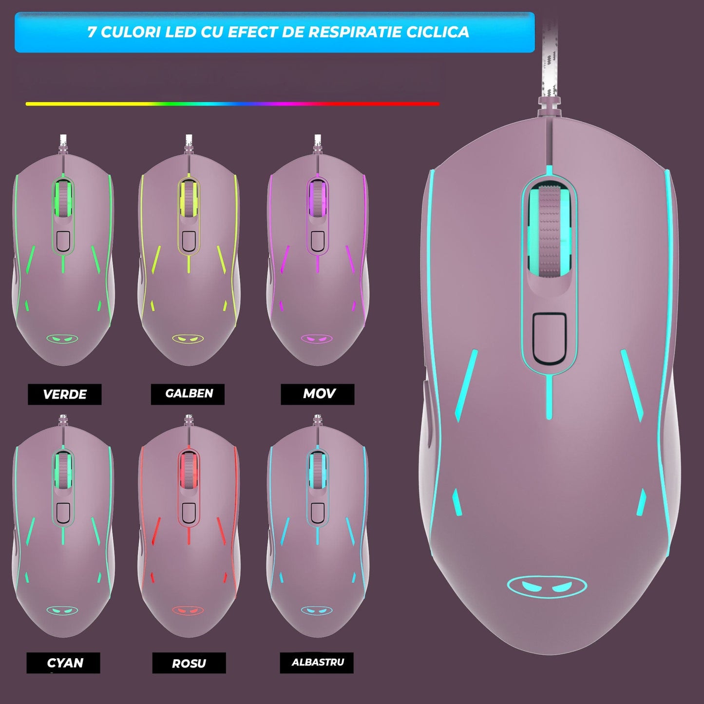Kit Gaming Timebox, 8 Culori RGB, Lumina Reglabilă, Ergonomic, Mov
