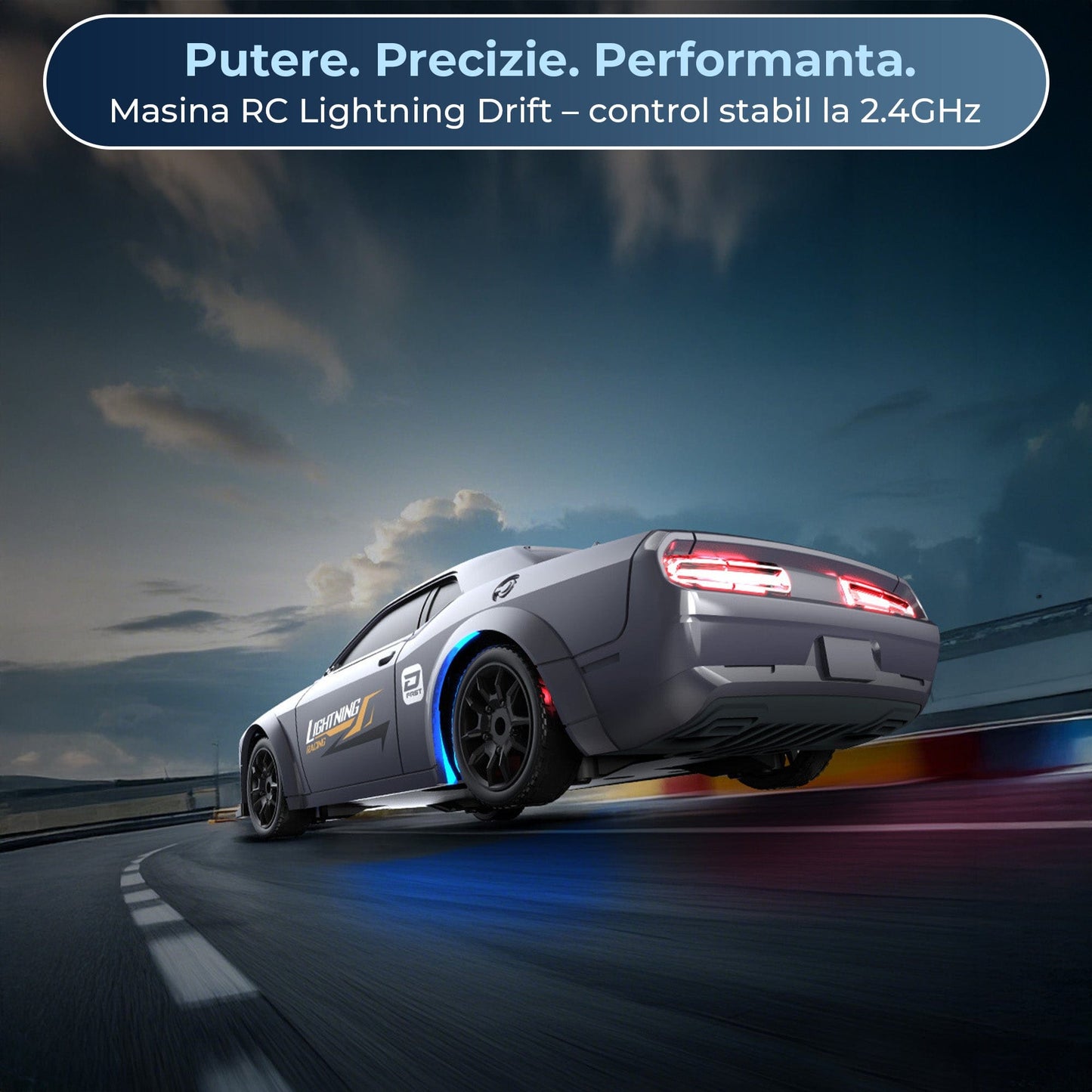 Masina RC Drift 1:43 cu Tractiune Integrala, 4 GHZ, Efecte Luminoase, Albastru