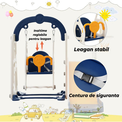 Set de Joaca 3 in 1 pentru Copii, Tobogan, Leagan si Cos de Baschet, Galben
