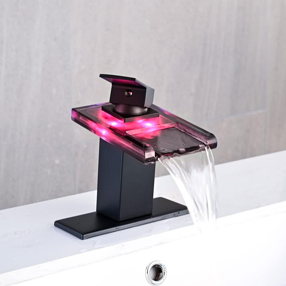 Baterie Chiuveta Baie cu LED si Efect de Cascada, Gura din Sticla, Negru Mat