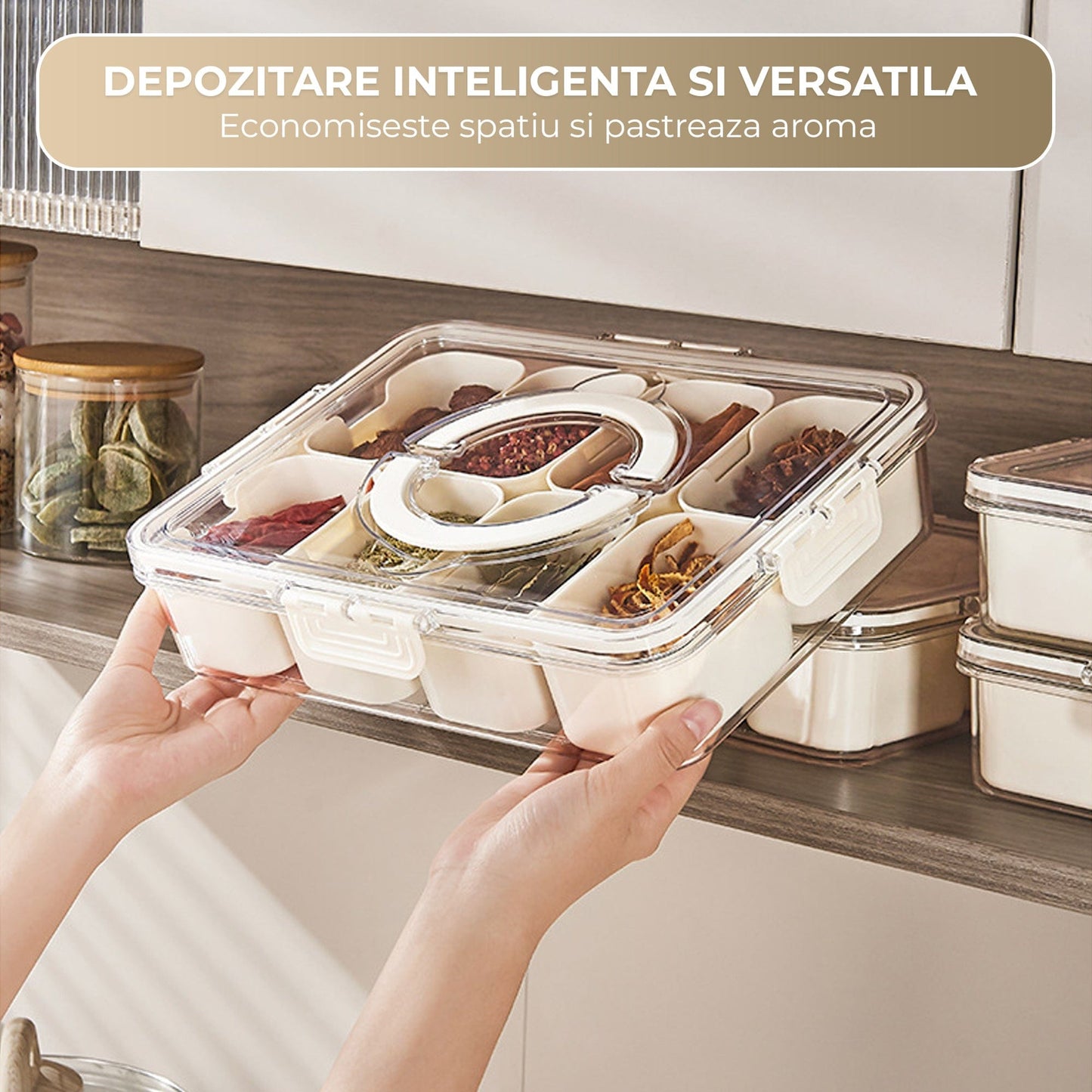 Cutie Alimentara 8 Compartimente Timebox, Etansa 800-1000Ml, Capac Sigur, Bej