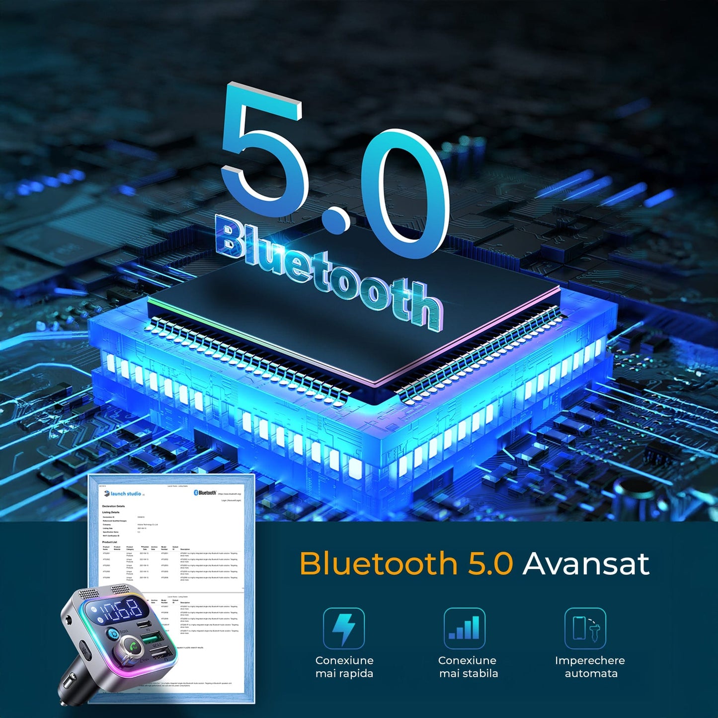 Modulator FM Auto Bluetooth 5 Timebox, Microfoane Duale, Negru