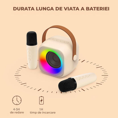 Set Boxa Bluetooth 5, 0 Karaoke Cu 2 Microfoane Wireless, Multi-Functionala, Bej