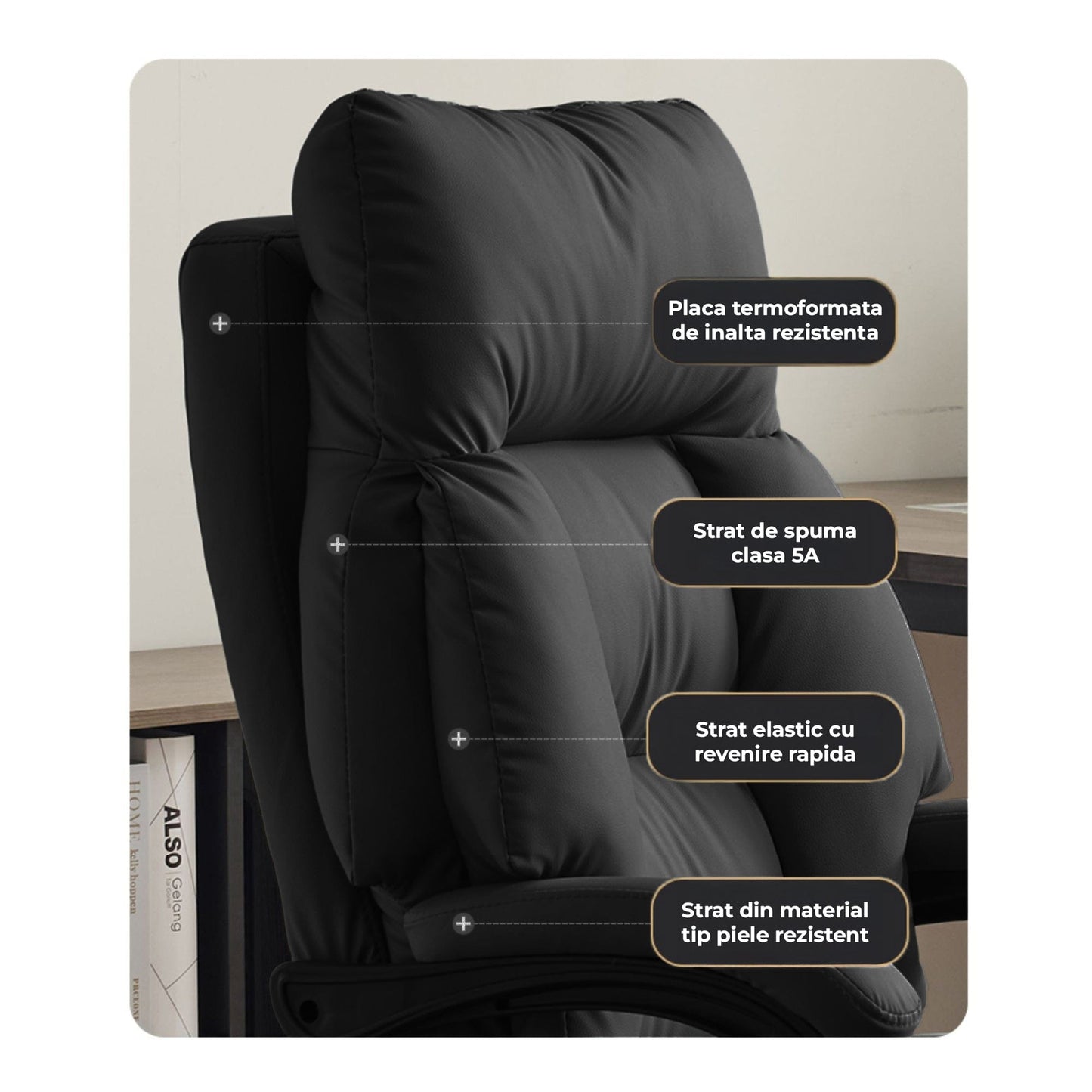 Scaun Office Executiv din Piele Naturala, 360°, Negru