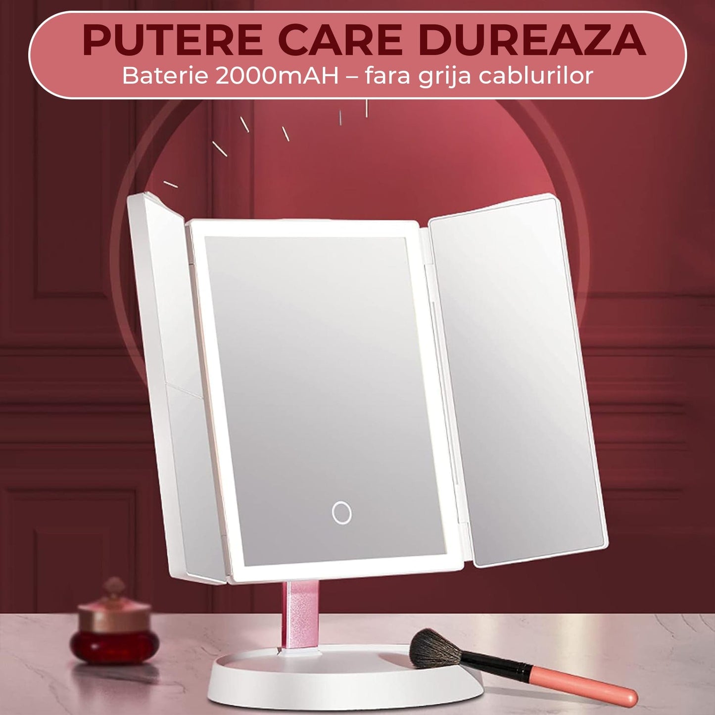 Oglinda Cosmetica Pliabila cu Iluminare LED, Trifold cu Marire 1X/2X/3X