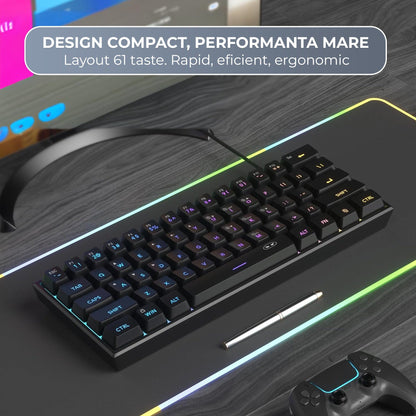 Tastatura Gaming 60% RGB TS91 Timebox, Compacta PC Laptop, Waterproof, Negru