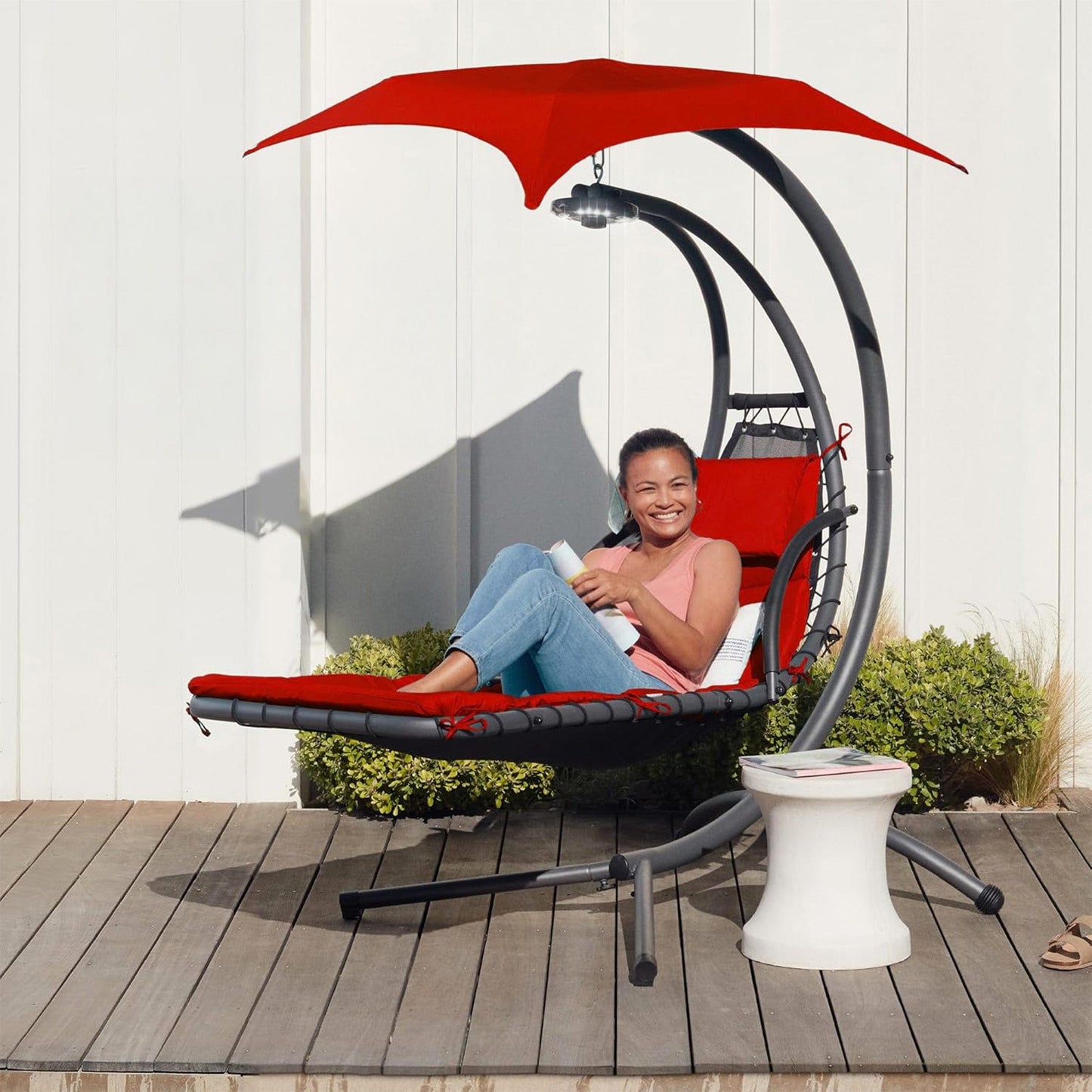 Balansoar tip Sezlong Suspendat de Exterior cu Copertina, Perna Ergonomica, Rosu