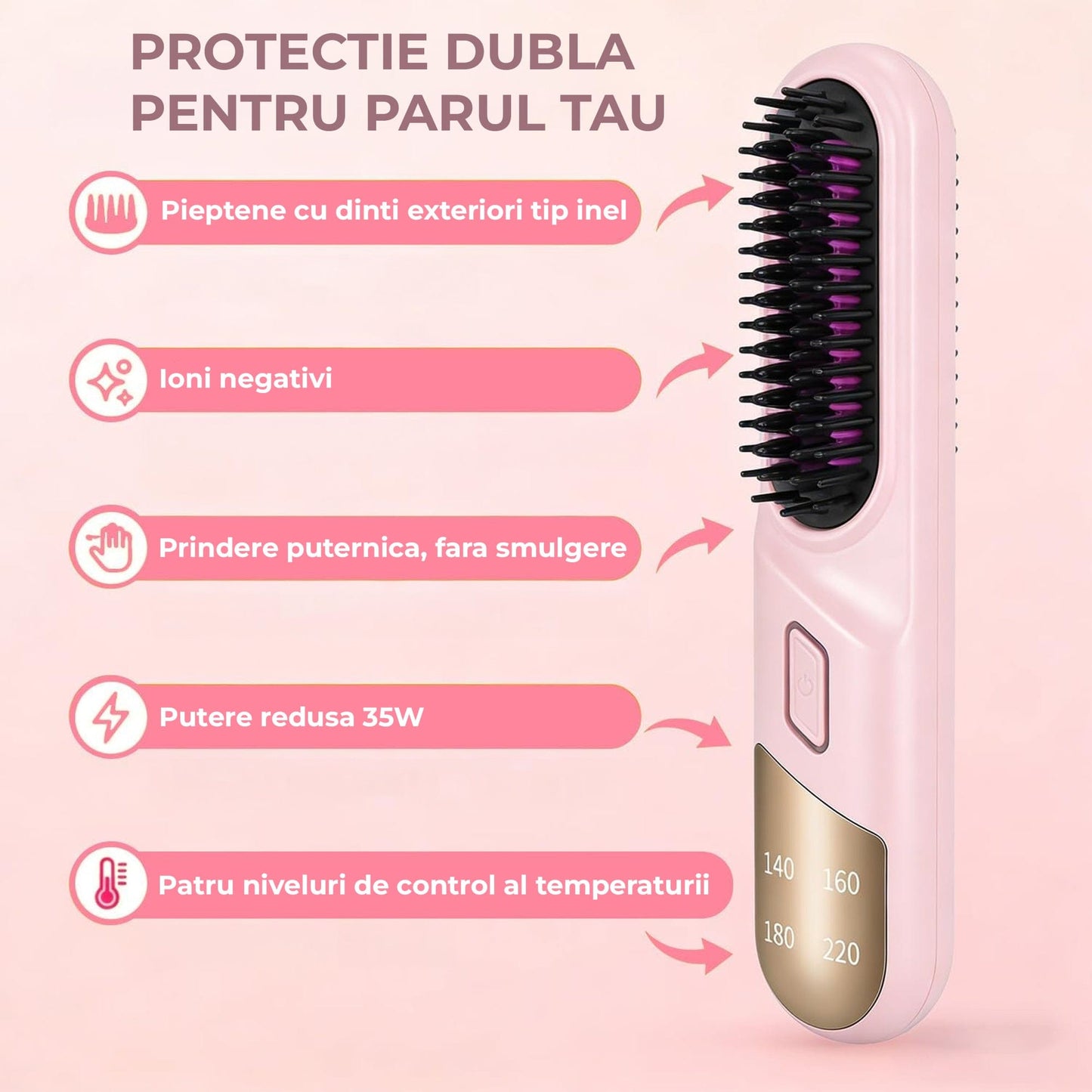 Perie Ionica pentru Indreptat si Ondulat Parul, Wireless, Placute Ceramice, Roz