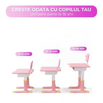 Set Birou Copii + Scaun, Reglabil 6-18 ani, Blat 70x45 cm, Roz
