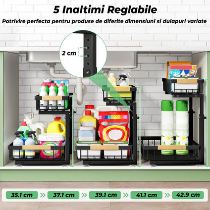 Set 2 Organizatoare Metalice cu Sertar Glisant pentru Dulap, 2 Niveluri