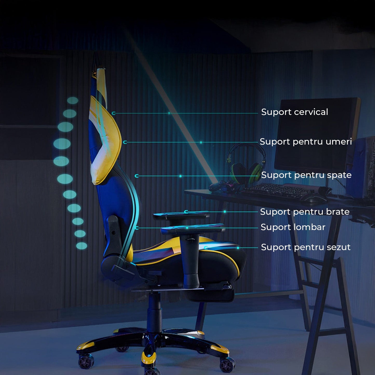Scaun Gaming Ergonomic, 360°, Galben