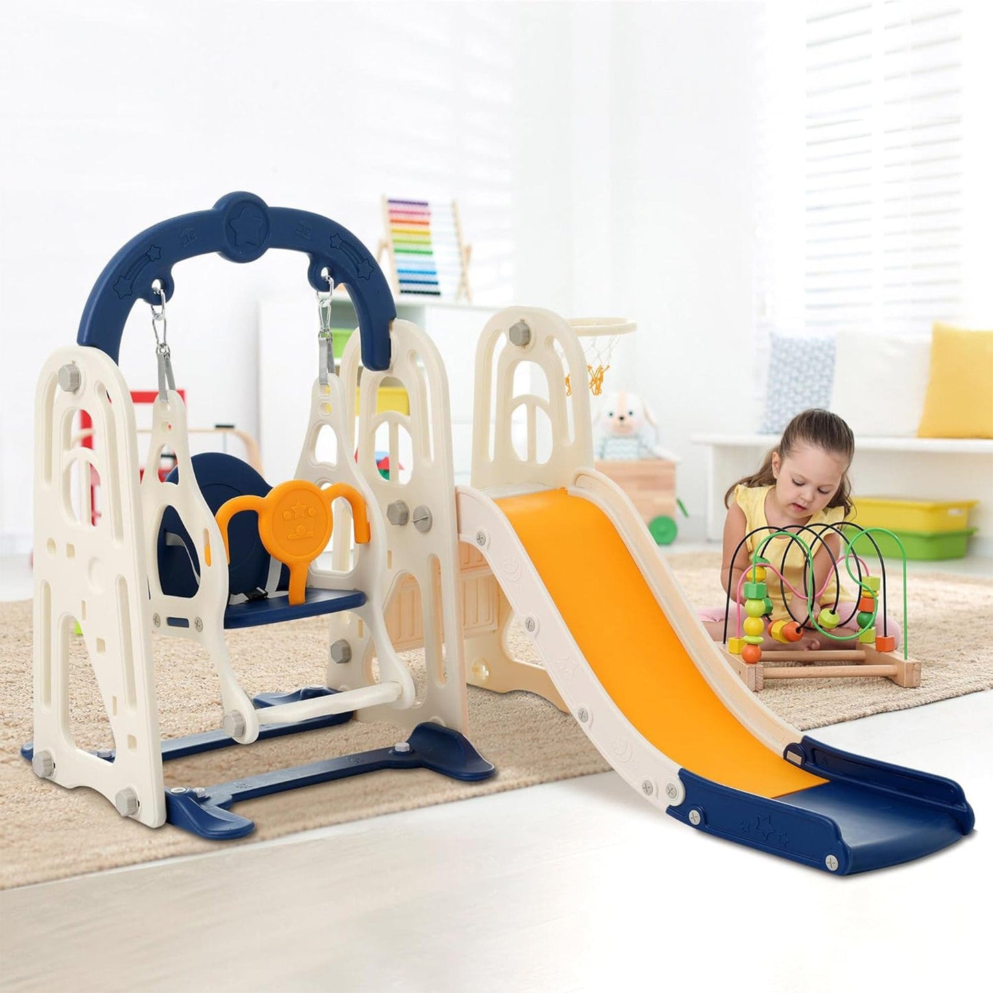 Set de Joaca 3 in 1 pentru Copii, Tobogan, Leagan si Cos de Baschet, Galben