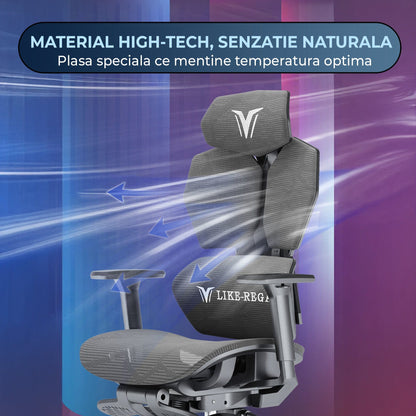 Scaun Gaming Ergonomic Reclinabil cu Plasa Respirabila, Cilindru Clasa 4, Negru