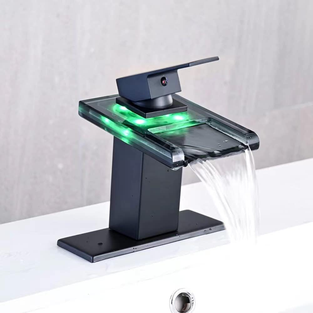 Baterie Chiuveta Baie cu LED si Efect de Cascada, Gura din Sticla, Negru Mat