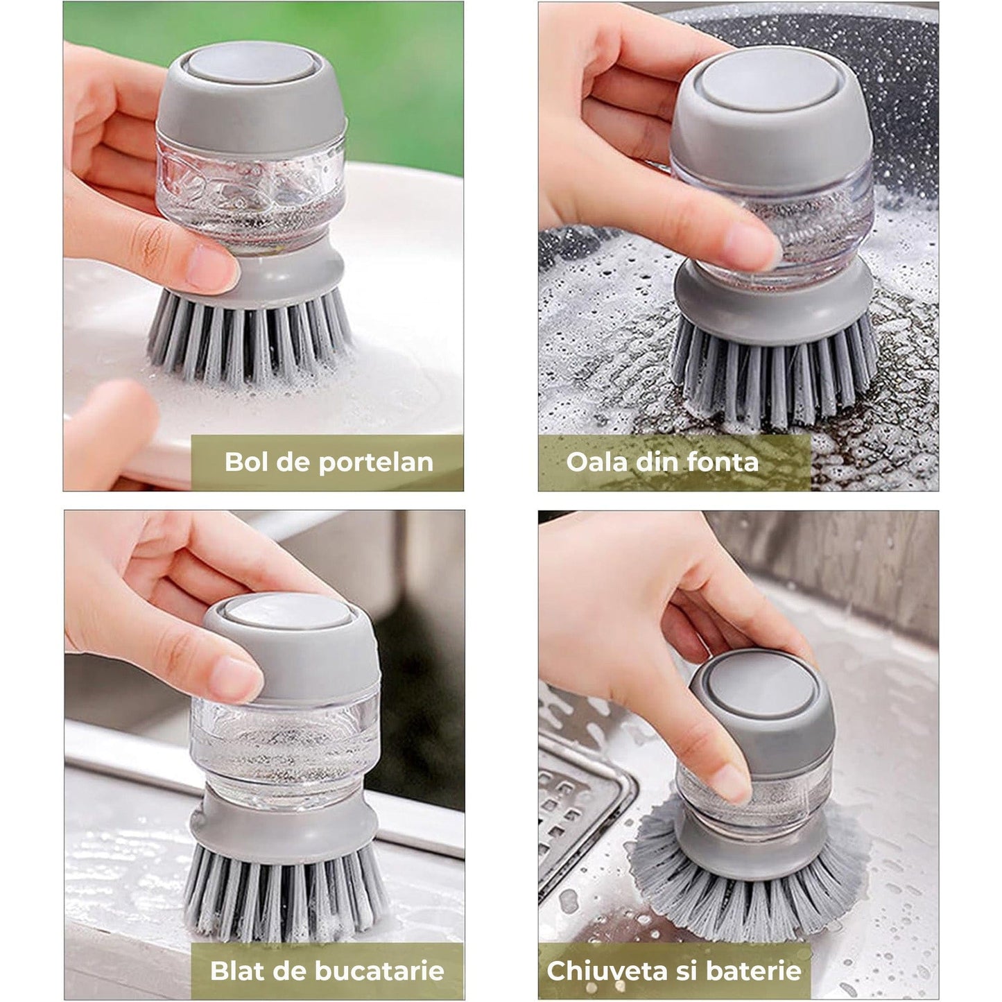 Dispenser Detergent cu Perie si Suport de Scurgere, Dozare Automata, Gri