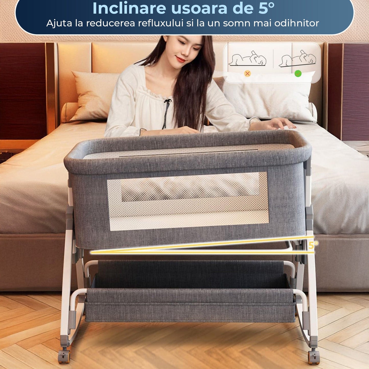 Patut Portabil pentru Bebelusi, Roti, Reglabil pe 6 Inaltimi, Gri