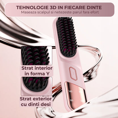 Perie Ionica pentru Indreptat si Ondulat Parul, Wireless, Placute Ceramice, Roz