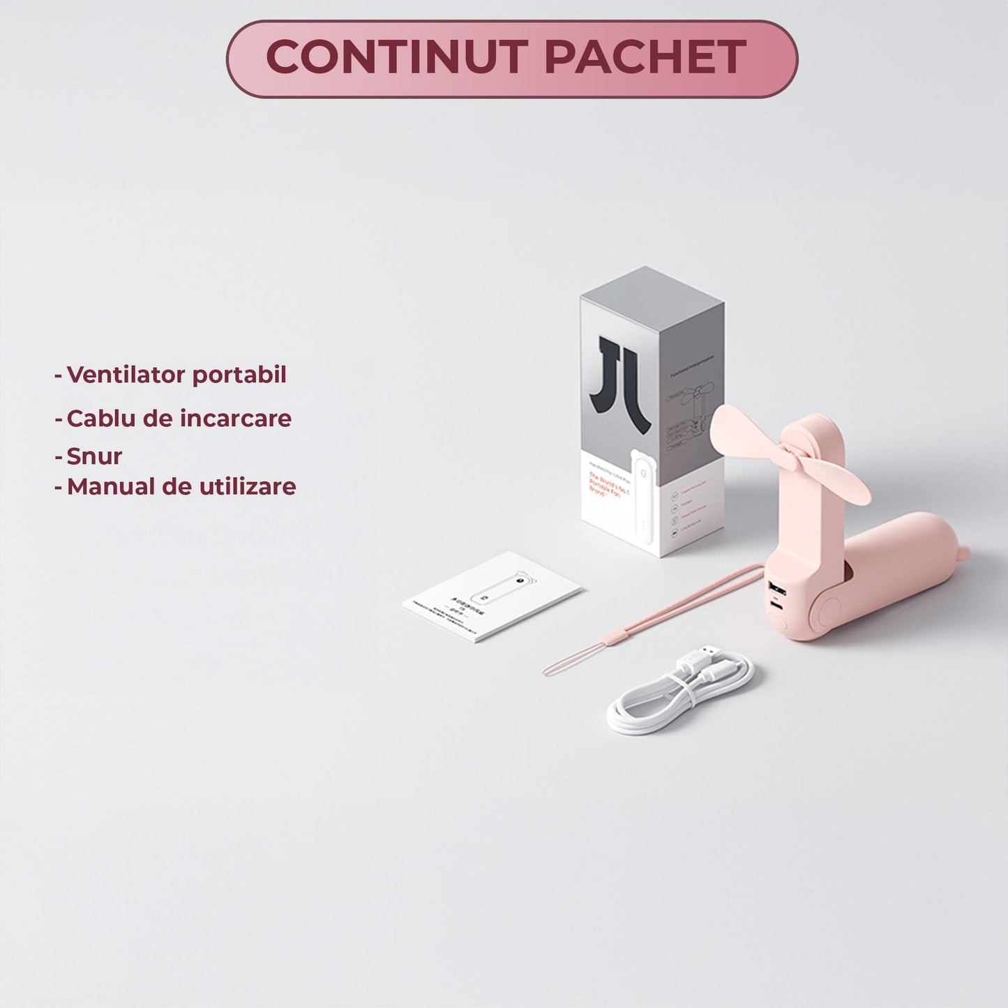 Mini Ventilator Portabil 3 in 1, Reincarcabil USB, Roz