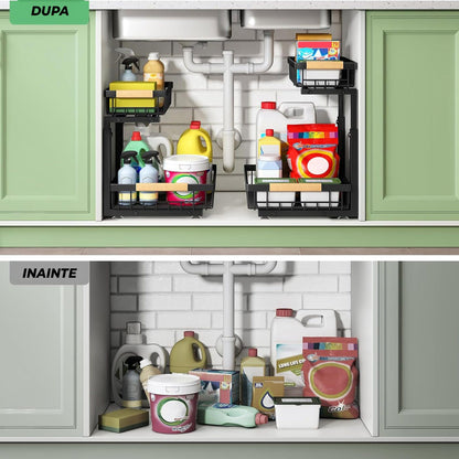 Set 2 Organizatoare Metalice cu Sertar Glisant pentru Dulap, 2 Niveluri