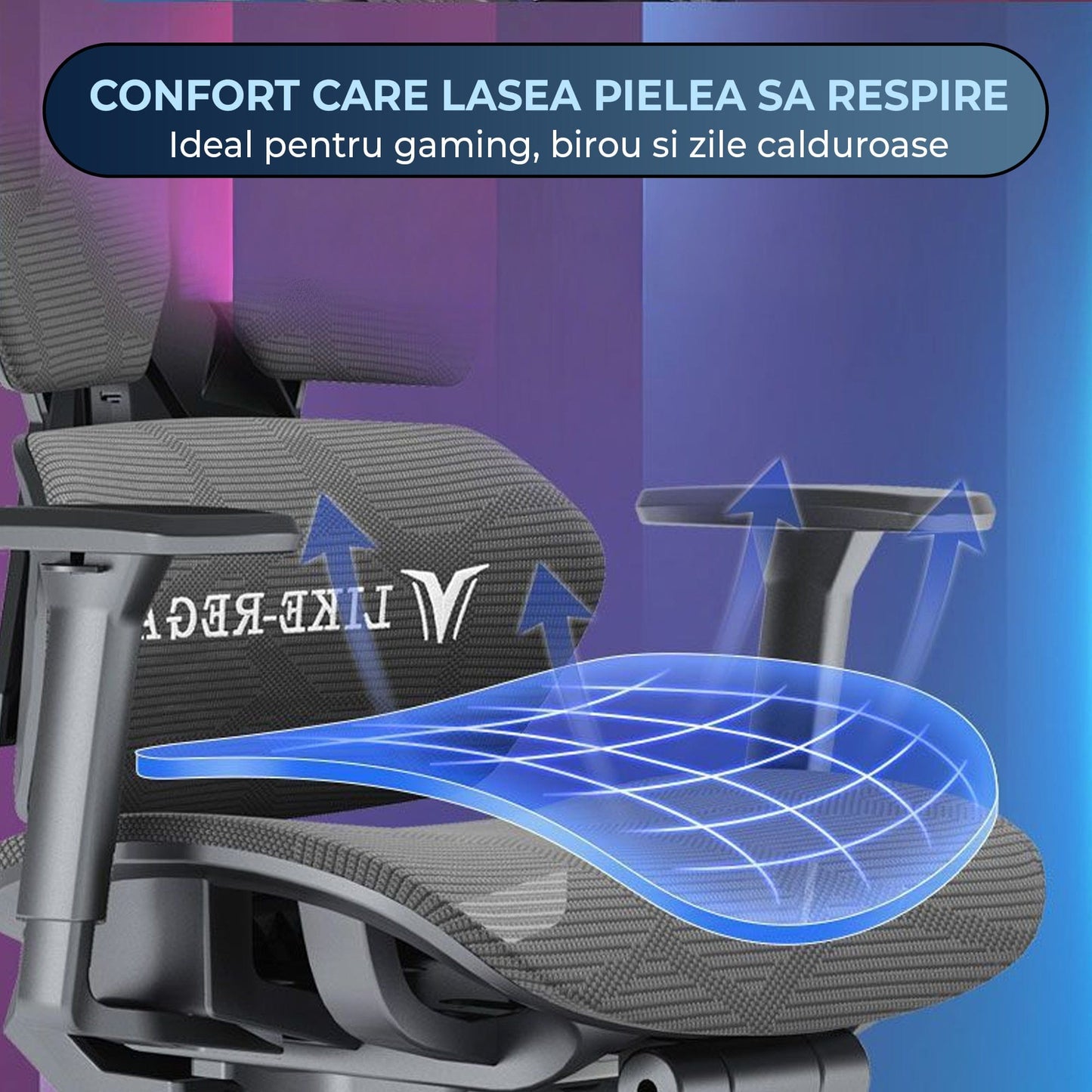 Scaun Gaming Ergonomic Reclinabil cu Plasa Respirabila, Cilindru Clasa 4, Negru