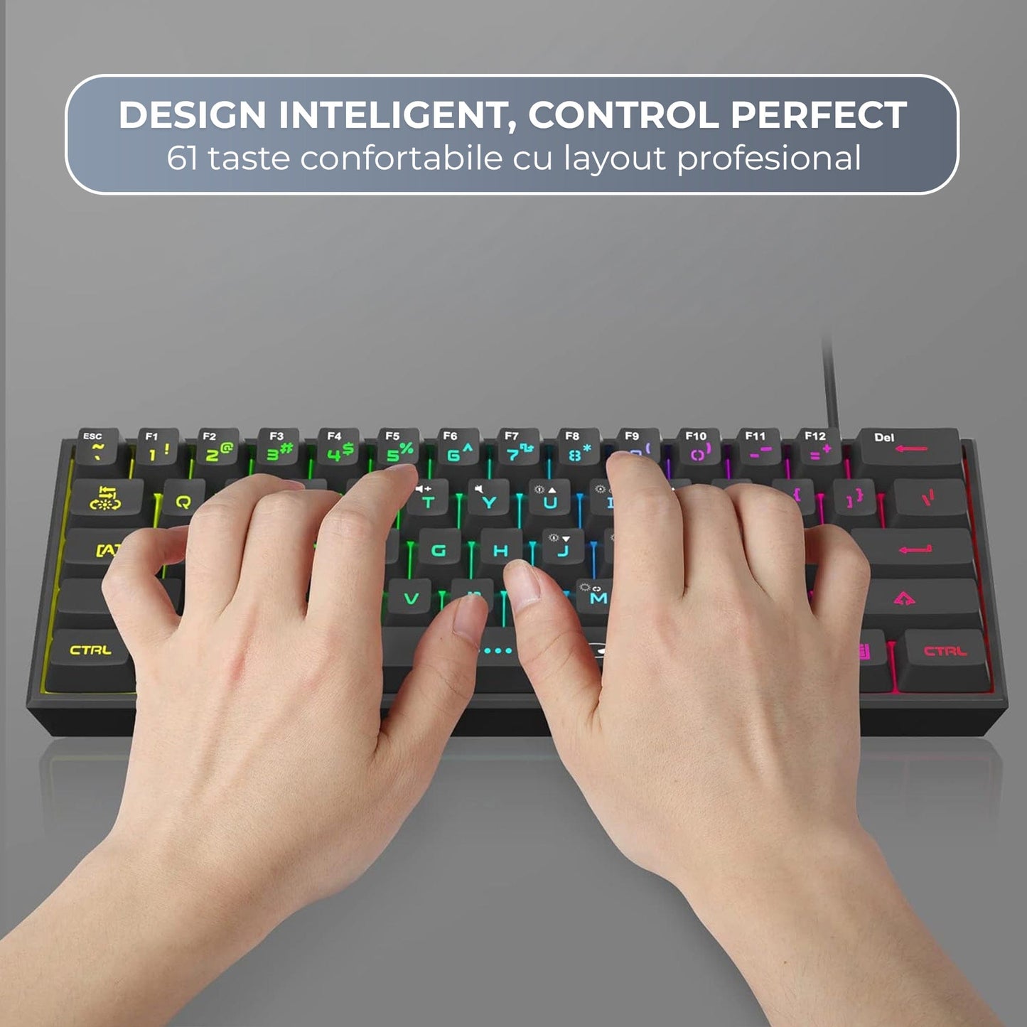 Tastatura Gaming 60% RGB TS91 Timebox, Compacta PC Laptop, Waterproof, Negru