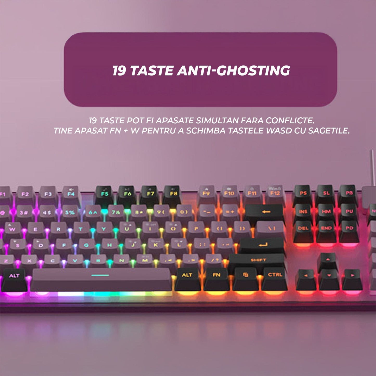Kit Gaming Timebox, 8 Culori RGB, Lumina Reglabilă, Ergonomic, Mov