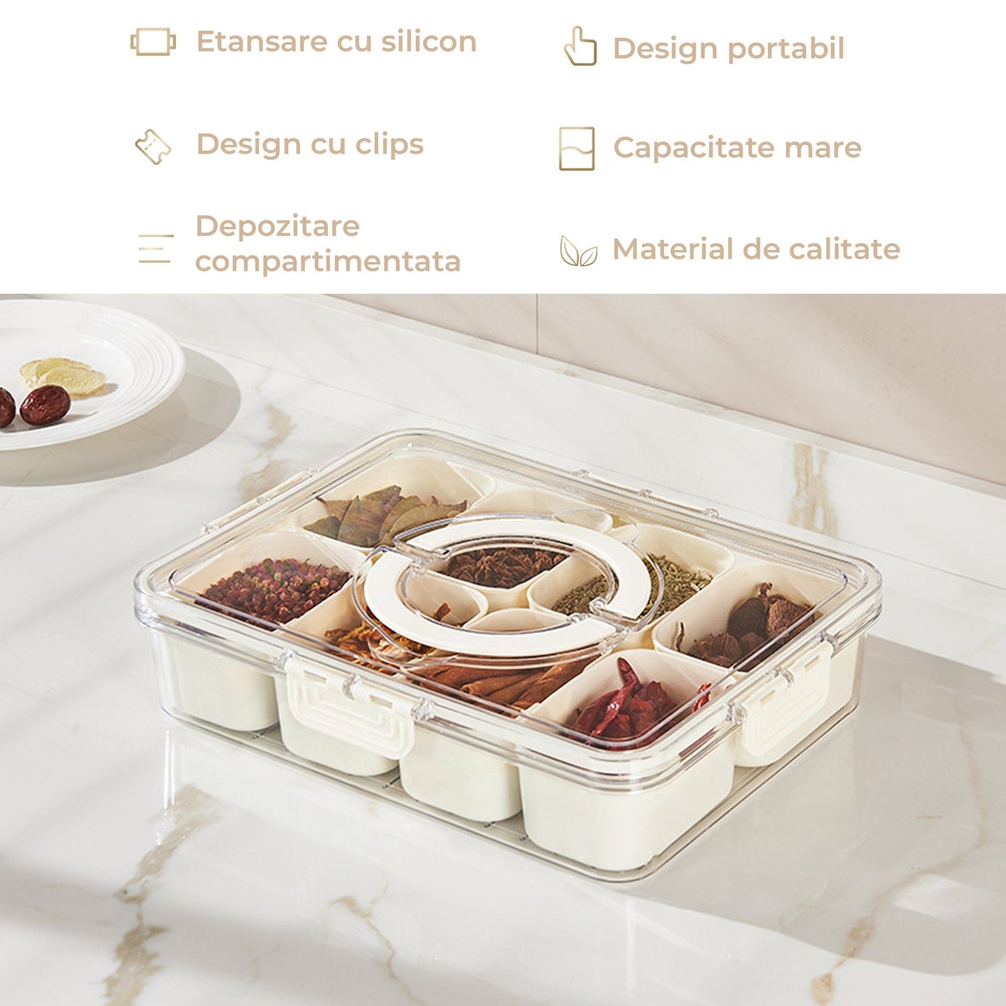 Cutie Alimentara 8 Compartimente Timebox, Etansa 800-1000Ml, Capac Sigur, Bej