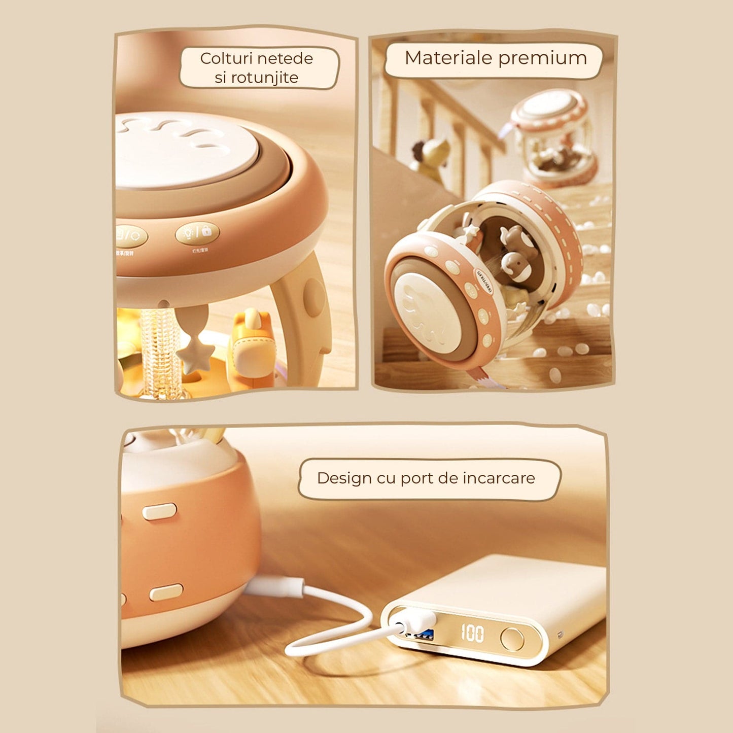 Boxa interactiva pentru bebelusi 0, 1 ani, Functie de hand drum si microfon, Bej
