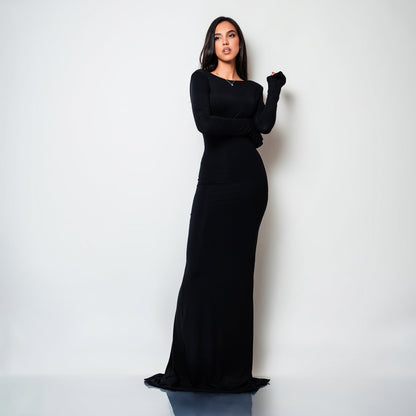 Rochie lunga neagra din bumbac de cocktail cu spatele gol si drapaje Luna