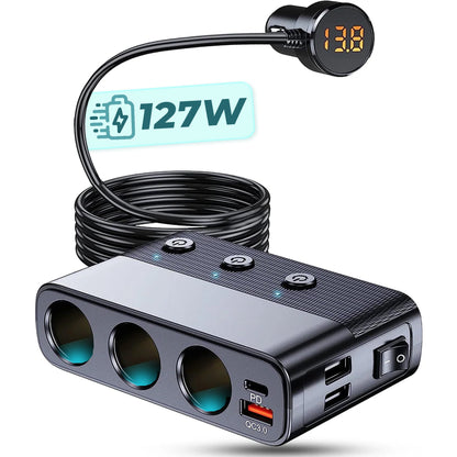 Adaptor priza auto Timebox, 128W, 3 x USB, 1 x USB-C, 7 in 1, 3x soclu masina, Negru