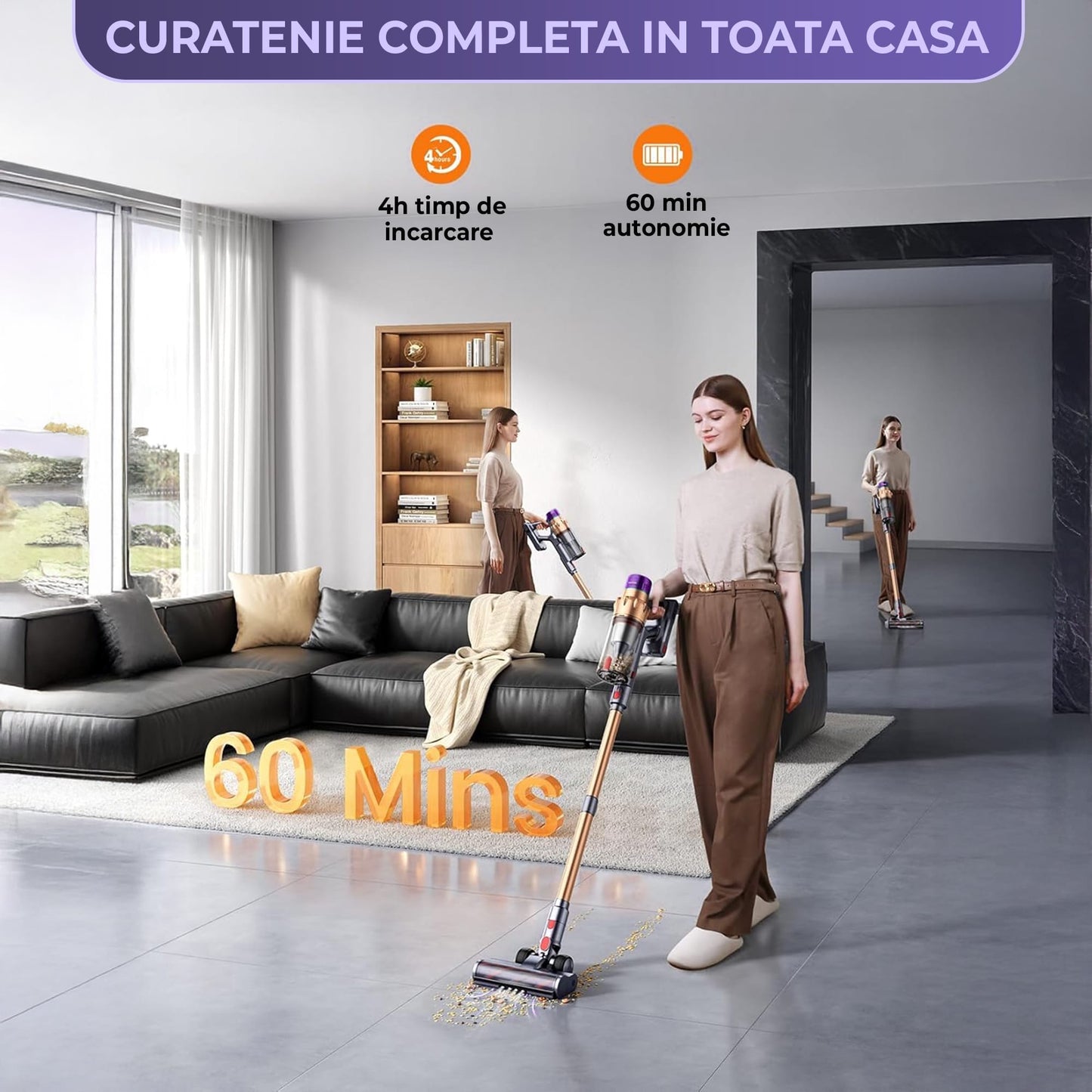 Aspirator vertical Timebox, fara fir, 550W si 45KPA, Autonomie 60 min