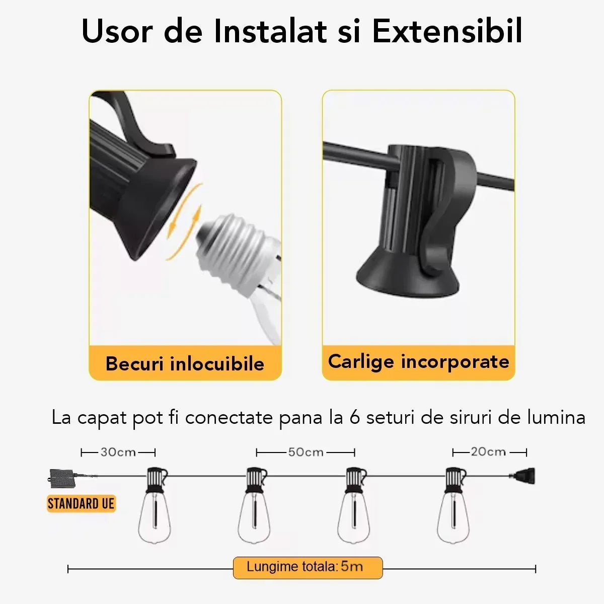 Ghirlanda luminoasa, solara, decorativa, interconectabila, Naimeed D6124, 5m, 10 Becuri LED, Lumina Alb Rece