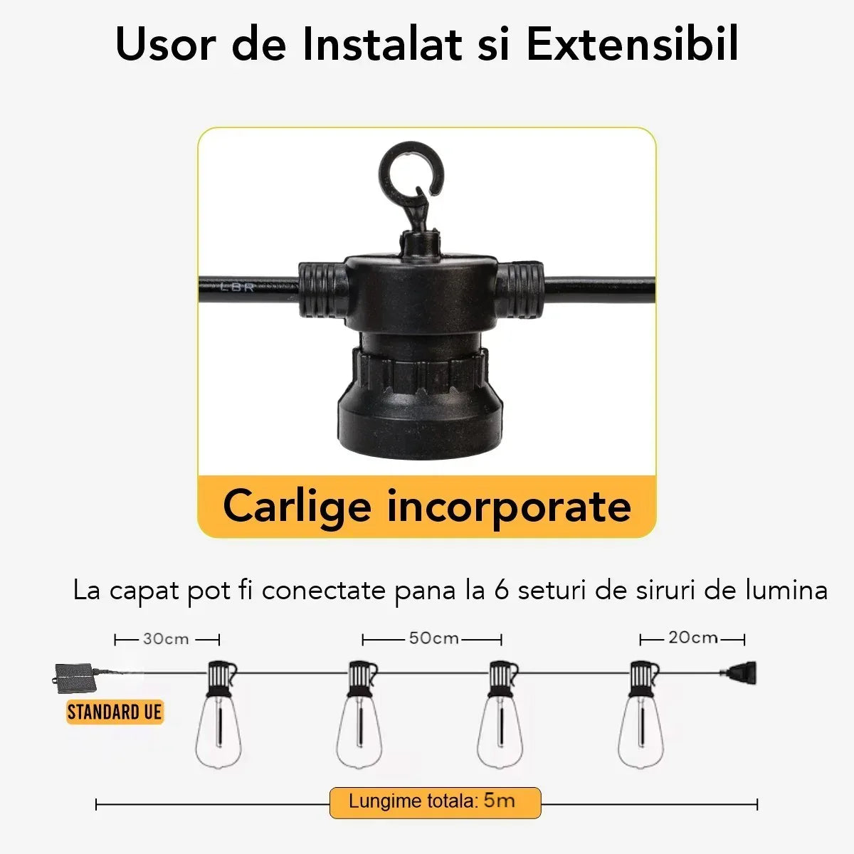Ghirlanda luminoasa, solara, decorativa, interconectabila, Naimeed D6115, 5m, 10 Becuri LED, Lumina Alb Cald