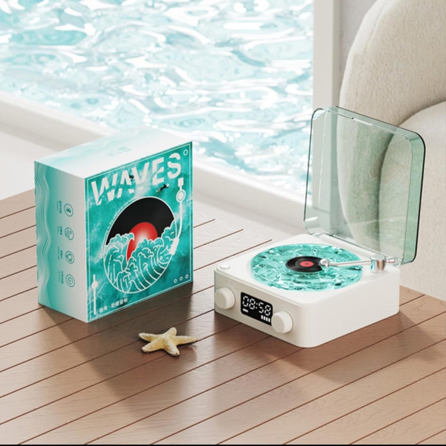 Boxa Portabila Vintage model Vinyl Timebox, AUX, Bluetooth, Card TF, Alb