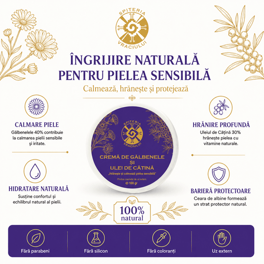 Leac Bătrânesc pentru Pielea Sensibilă – Cremă de Gălbenele și Ulei de Cătină | 100g