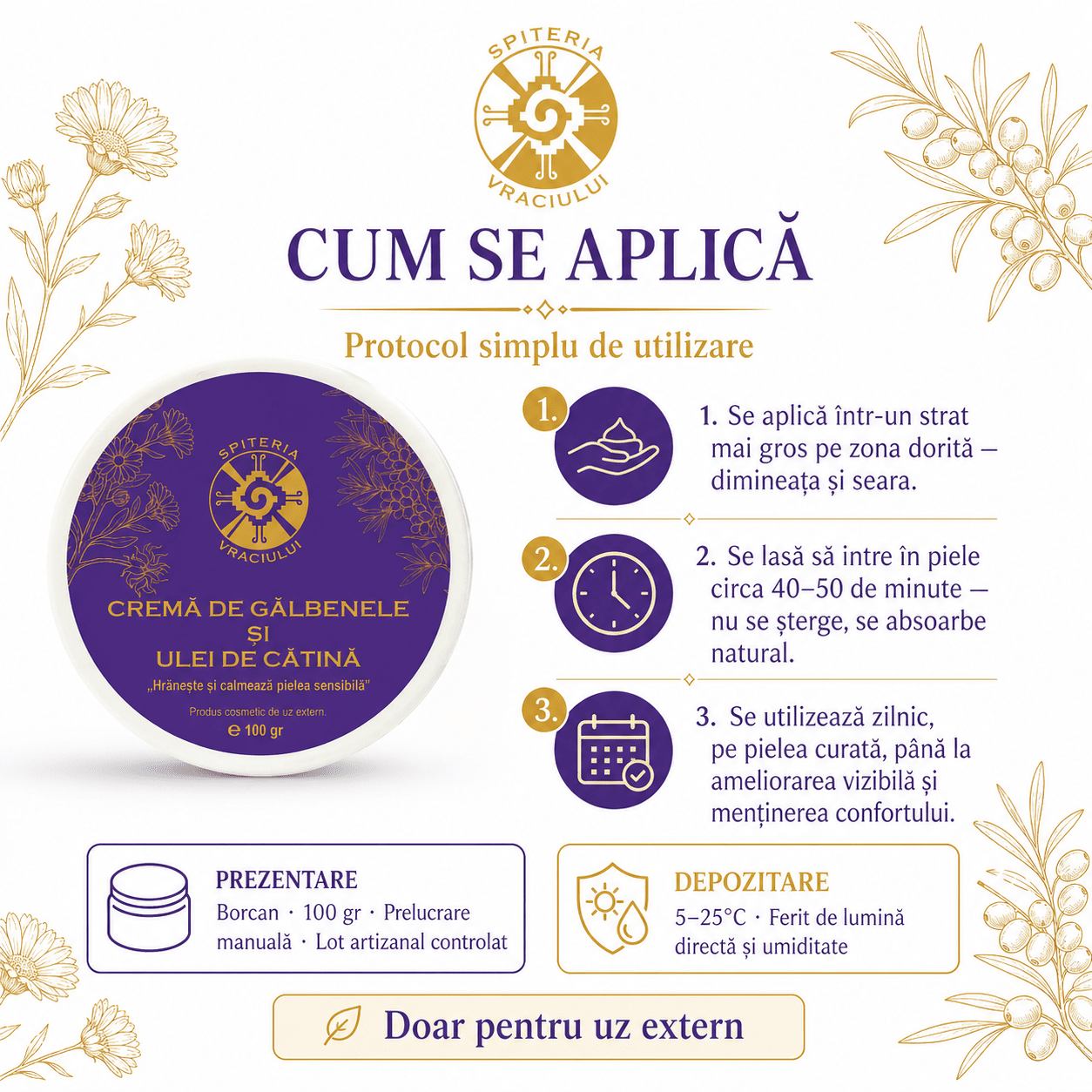 Leac Bătrânesc pentru Pielea Sensibilă – Cremă de Gălbenele și Ulei de Cătină | 100g