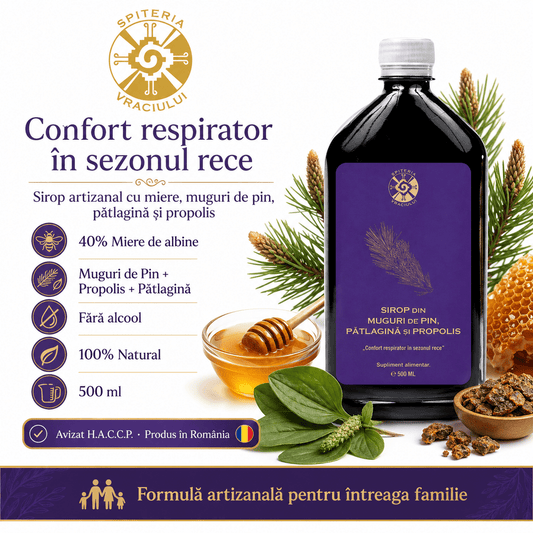 Leac Bătrânesc pentru Tuse și Bronșii – Sirop Muguri de Pin, Pătlagină și Propolis | 500ml