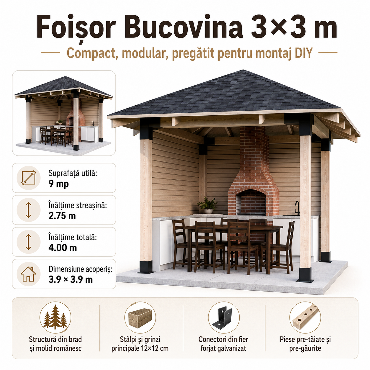Foișor lemn 3x3m - Bucovina