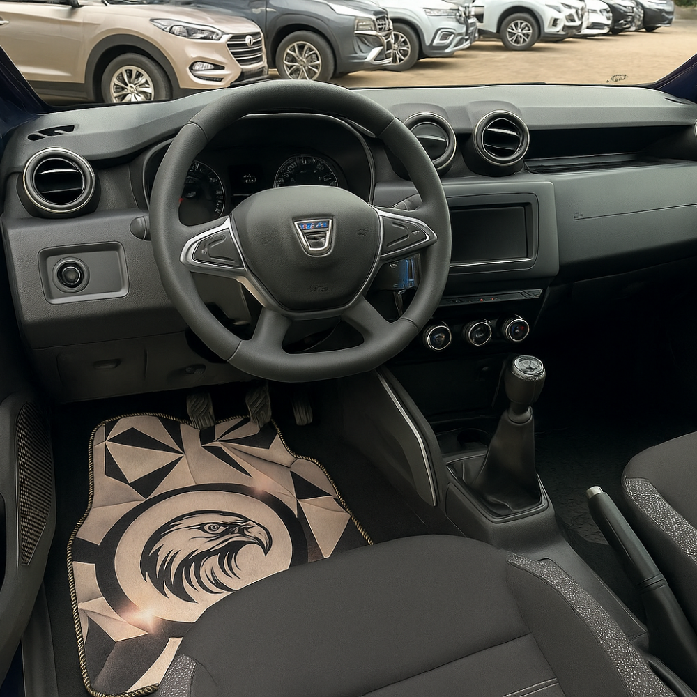 Covorașe auto universale DECOMAT – set 4 bucăți lavabile, antiderapante, cu imprimeu „Road Trip”