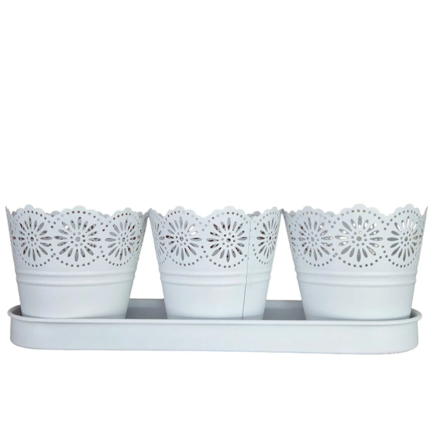 Set 3 ghivece cu tava, din metal, Naimeed D2603, Alb