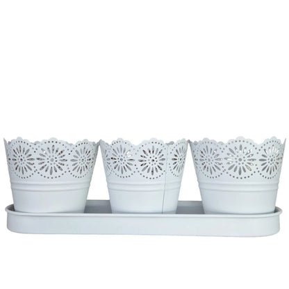 Set 3 ghivece cu tava, din metal, Naimeed D2603, Alb