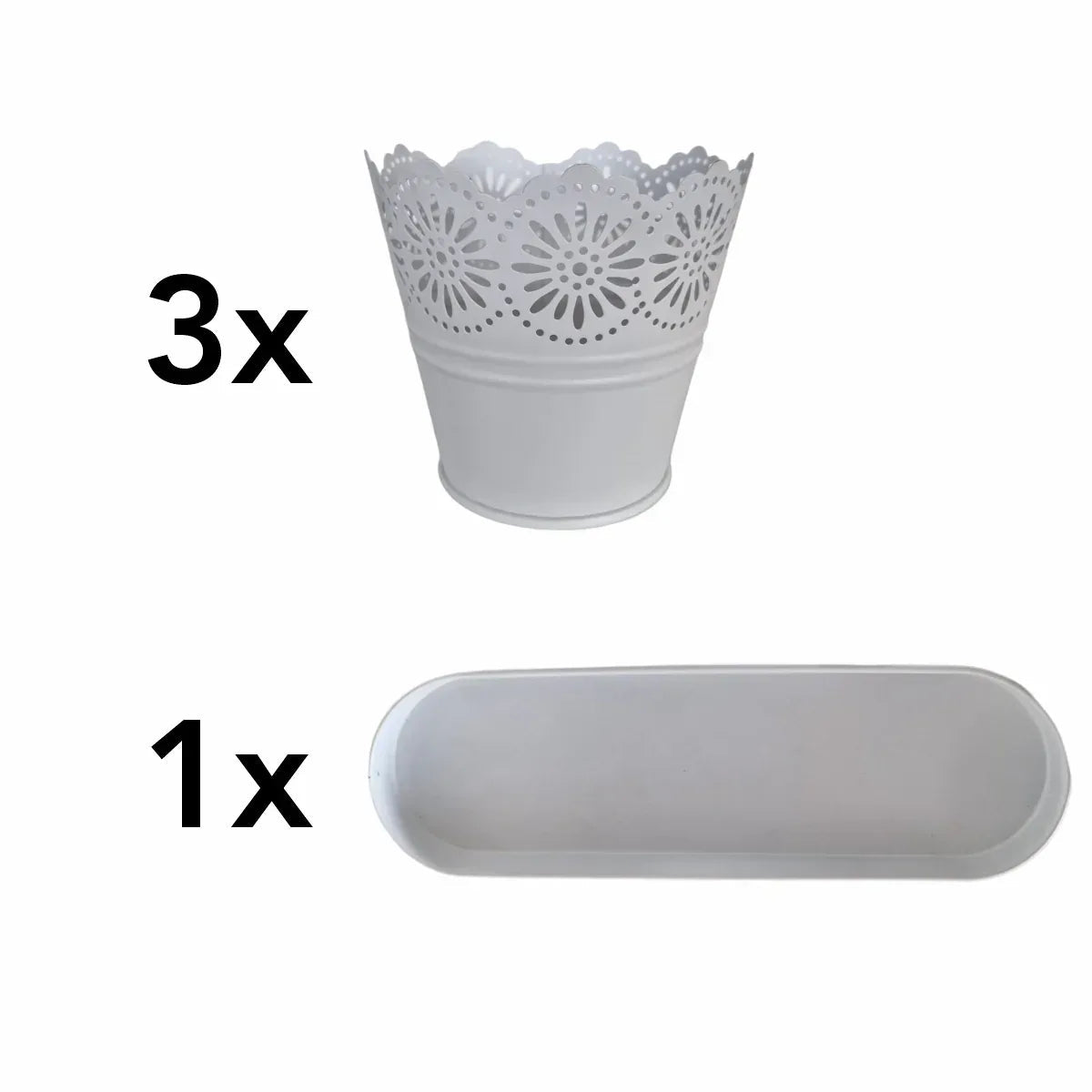 Set 3 ghivece cu tava, din metal, Naimeed D2603, Alb