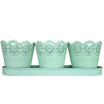 Set 3 ghivece cu tava, din metal, Naimeed D2603, Verde