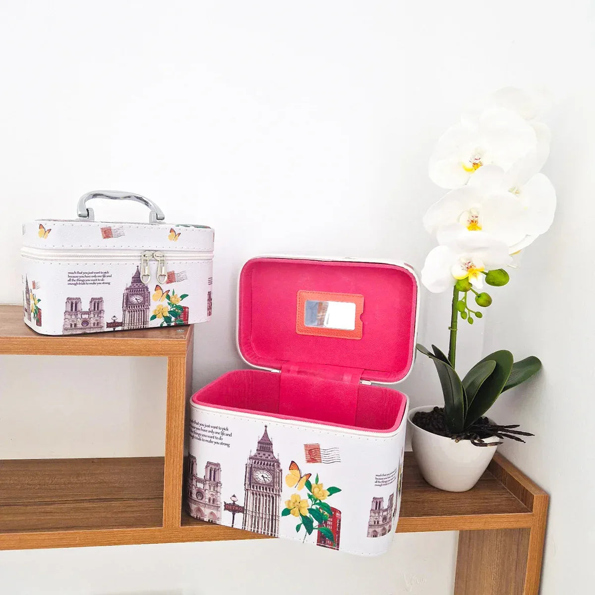 Set 2 Genti Cosmetice Tip Beauty Case, Naimeed D269, Cu maner metalic, London