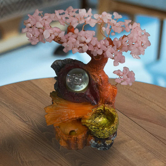 Fantana arteziana, Feng Shui, LED, pompa submersibila, pietre semipretioase de Cuart Roz, Naimeed D3009-Roz, Inaltime 28cm